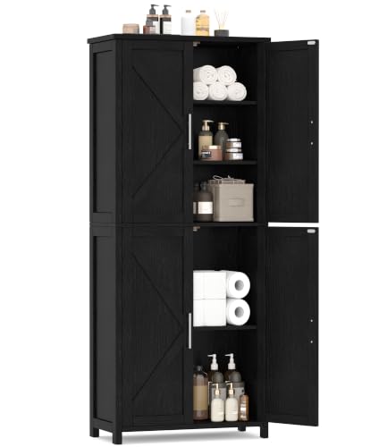 Akxomel 63''H Tall Farmhouse Bathroom Storage Cabinet with 4 Doors Black