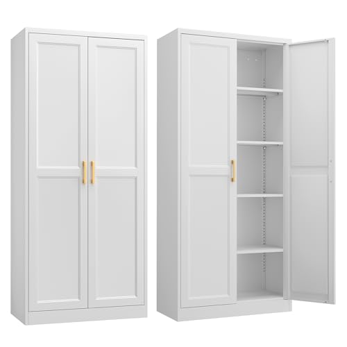 SteeLoong Kitchen Pantry Cabinet,71”White Metal Pantry Storage Cabinet with Doors and 4 Adjustable Shelves,Kitchen Cabinet with 2 Gold Handles,Tall Cabinet for Livingroom,Pantry, Bathroom,Kitchen