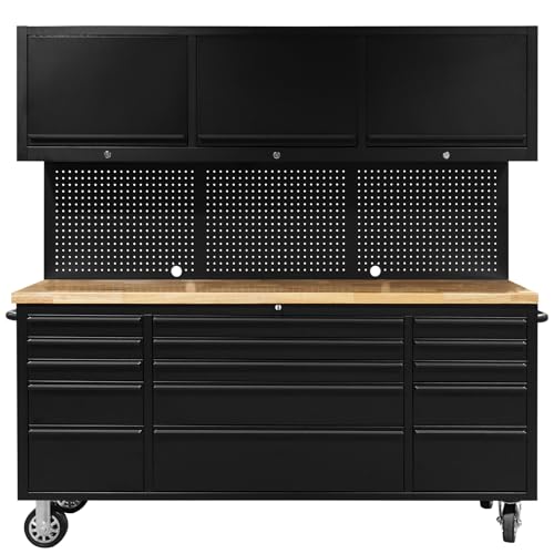 CHETTO C 72 inch Tool Chest Tool Box Mobile 15 Drawers Storage 3 Upper Cabinets SS-Pegboard Rolling Cabinet with Wheels Lock Key Locking System Drawer Liners for Garage Warehouse Repair Shop Black
