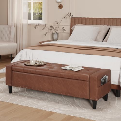 FiveWillowise 60" Storage Ottoman Bench, Faux Leather Upholstered Bed — Design and materials in detail