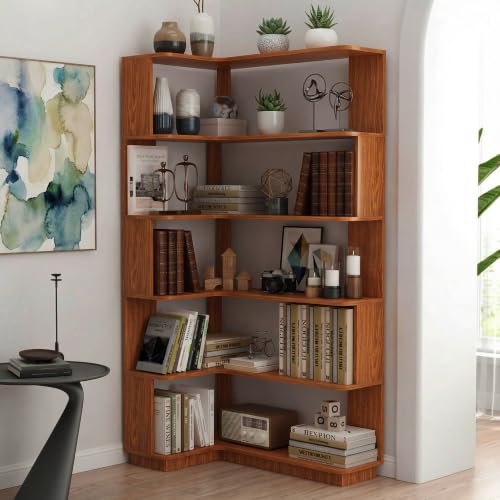 Arvolia 5 Tier Corner Bookshelf, Freestanding L-Shaped Wooden Bookcase with Open Shelves, Anti-Fall Panels and Anti-Tipping Device for Living Room, Home Office (Dark Oak with Right Extension)