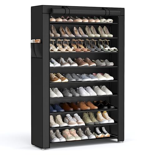 SONGMICS 10-Tier Shoe Rack, Shoe Storage Cabinet with Dustproof Cover, Free-Standing Shoe Storage Organizer for Closet, Entryway, Hold 40-50 Pairs of Shoes, for Sneakers, High Heels, Black URXJ36HV1