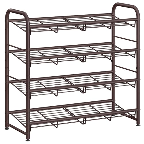 SONGMICS Stackable Shoe Rack, 4 Tier Metal Shoes Rack Storage Shelf, Holds up to 16 Pairs Shoes, Adjustable Slanted Shelves Tower Organizer for Closet Entryway Small Spaces, Bronze