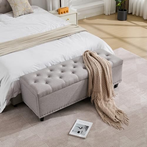 Tbfit 50.8" Ottoman with Storage, Button‑Tufted Bench with Safety Hinge and Rivets, Large End‑of‑Bed Storage Ottoman Bench for Bedroom, Living Room, Entryway, Light Grey