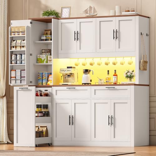 Itaar 71" Kitchen Pantry Cabinet with Charging Station and Led Light, Kitchen Storage Cabinets with Microwave Stand, 59" Wide Pantry Storage Cabinet with Storage Cart 3 Tier for Dining Room, White