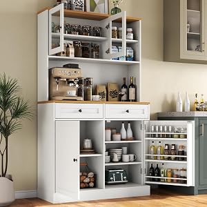 Tall Pantry Cabinet, Modern Kitchen Hutch with Microwave Stand, Kitchen Pantry Storage Cab