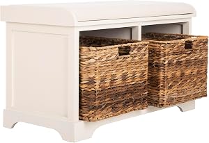 SAFAVIEH Furniture - Freddy 2-Basket Storage Bench - Vintage White - Solid Wood - Coastal 