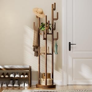 Yoobure Rotary Coat Rack Freestanding - Solid Wood Coat Tree with 9 hooks & 3 Storage