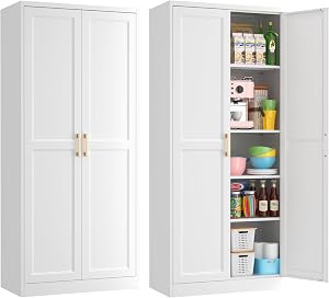 Kubohogar 71" Tall Metal Pantry Cabinet, White Kitchen Pantry Storage Cabinet with 4 
