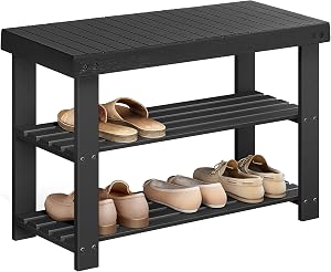 SONGMICS Shoe Rack Bench, 3-Tier Bamboo Shoe Storage Organizer, Entryway Bench, Holds Up t