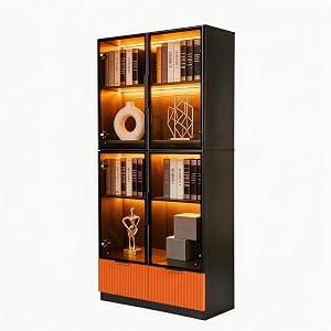 MSYREX Black Display Cabinet, 67-Inch High Bookcase, Multi-Colored LED Ambient Lighting, 4
