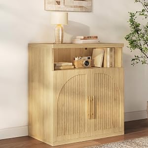 Fluted Buffet Cabinet with Storage, 31.5" Wide Wood Sideboard Credenza with Open Stor