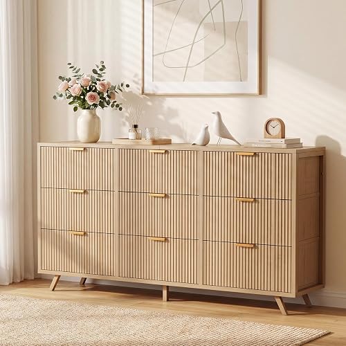 DUMOS Fabric Fluted Dresser,Chest of 9 Fabric Drawers for Bedroom, Lar — Build quality and design details up close
