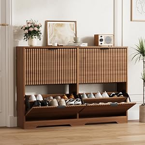 Shoe Cabinet Storage for Entryway with 4 Flip Drawers, Walnut Fluted Shoe Cabinet with Adj