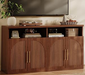 Fluted Buffet Cabinet with Storage, 63" Wide Wood Sideboard Credenza with 4 Doors &am